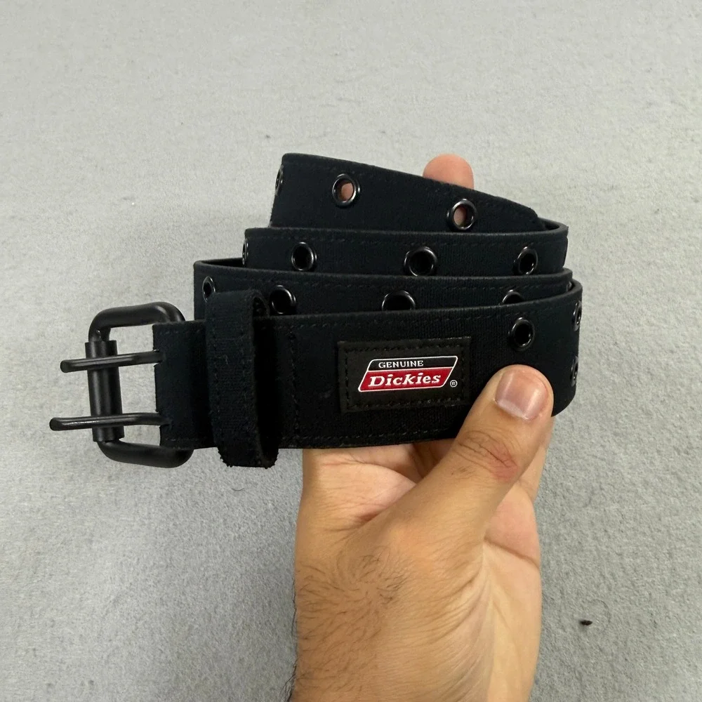 Dickies Belt Mens 44 Black Double Prong Buckle Canvas Leather Workwear Grunge